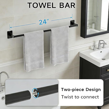 Matte Black Bathroom Accessories Set, 5 Pieces Bathroom Hardware Set, 24 inch Towel Bar, Towel Racks for Bathroom, Robe Towel Hooks, Toilet Paper Holder Wall Mounted