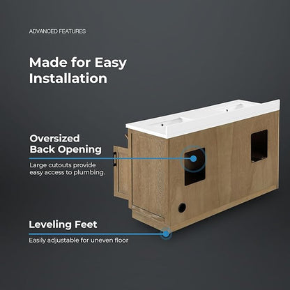 OVE Decors Bailey 60 in. Double Sink Freestanding Driftwood Oak Bathroom Vanity with White Quartz Top, Matching Backsplash and Power Bar