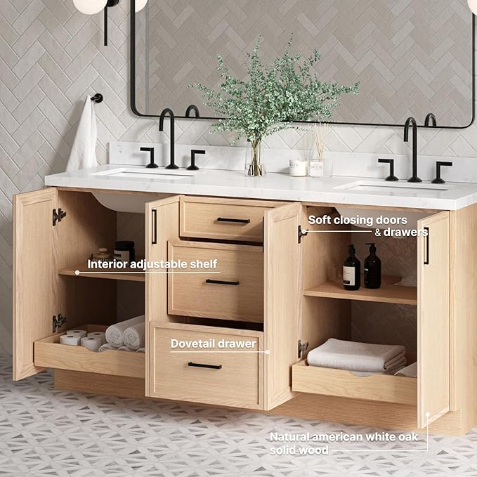 ARIEL Kelly 72-inch Bathroom Vanity with Sink,Solid Wood, 1.5-inch Carrara White Quartz Countertop, Double Rectangular Porcelain Sink, 4 Soft Closing Doors, 5 Dovetail Drawers, White Oak