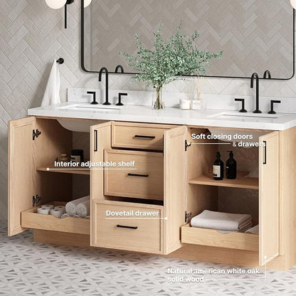 ARIEL Kelly 72-inch Bathroom Vanity with Sink,Solid Wood, 1.5-inch Carrara White Quartz Countertop, Double Rectangular Porcelain Sink, 4 Soft Closing Doors, 5 Dovetail Drawers, White Oak