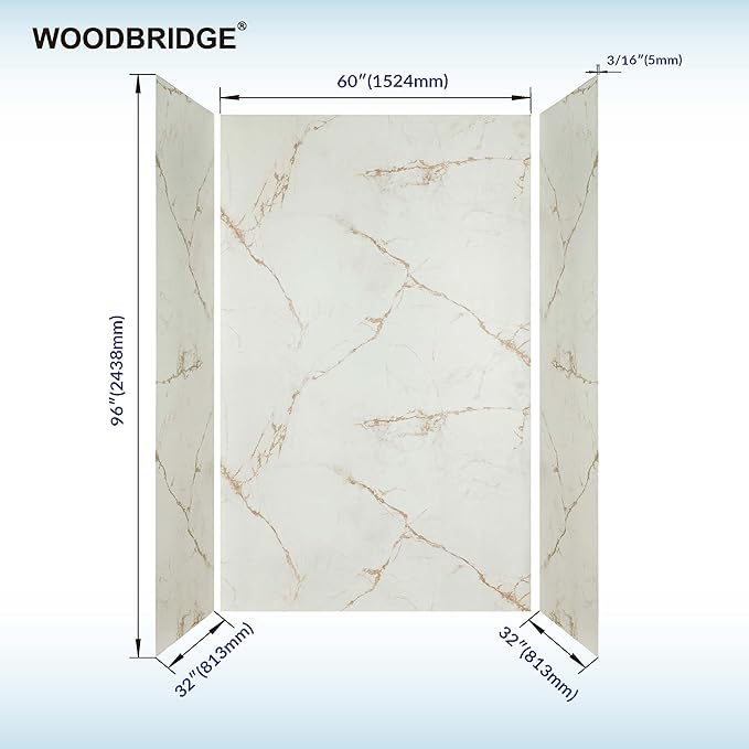 Woodbridge 60" W x 96" H 3-Piece Solid Surface Tile Tub and Shower Wall Panel Surround Kit in Beige Marble with Soft Brown Veining (High Gloss Finish), Quick Install and Trimmable, 3/16" (5mm) Thick