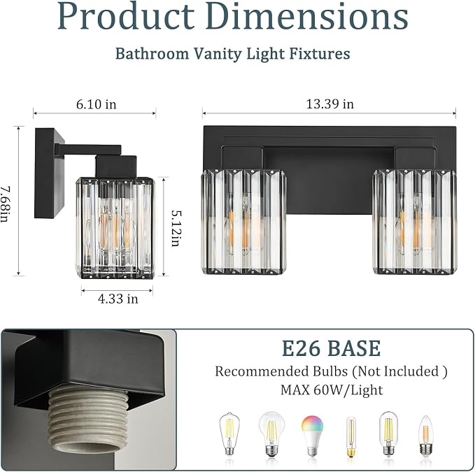 Matte Black Bathroom Light Fixtures, 2-Light Square Crystal Vanity Light | Wall Sconces with Square Crystal Shades, E26 Socket, Modern Vanity Lights for Bathroom (Bulbs Not Included)