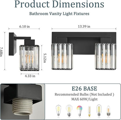 Matte Black Bathroom Light Fixtures, 2-Light Square Crystal Vanity Light | Wall Sconces with Square Crystal Shades, E26 Socket, Modern Vanity Lights for Bathroom (Bulbs Not Included)