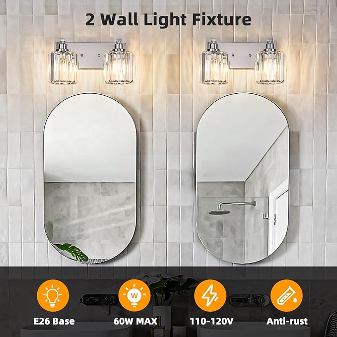 2 Lights Crystal Bathroom Vanity Light Modern Chrome Bathroom Light Fixture Bathroom Lighting Fixtures Over Mirror for Mirror E26 Base