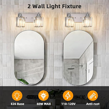2 Lights Crystal Bathroom Vanity Light Modern Chrome Bathroom Light Fixture Bathroom Lighting Fixtures Over Mirror for Mirror E26 Base