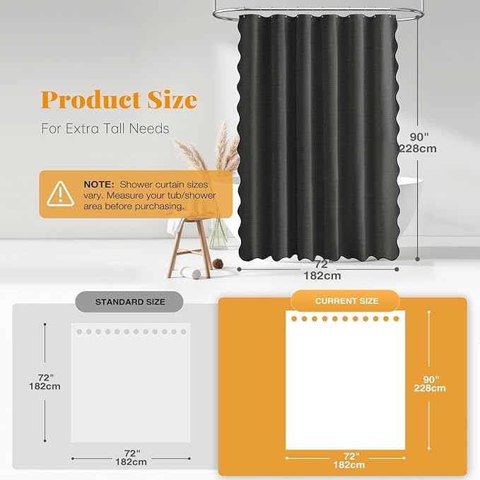 BTTN Extra Long Shower Curtain, 90 Inch Boho Scalloped Linen Textured Thick Fabric Shower Curtain Set with 12 Hooks, Tall Vintage Country Waterproof Shower Curtains for Bathroom, 72x90, Charcoal Grey