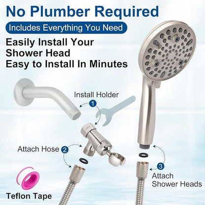 Shower Head with Handheld - Extra Long Hose and All Metal Holder, Low Flow | All Metal Holder and Long Hose, Multi Mode Adjustment High Pressure Showerhead Sprayer