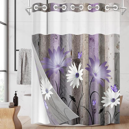 No Hook Shower Curtain with Snap in Liner 71x74 Inch Purple Rustic | Daisy Butterfly Farmhouse Modern Double Layers Waterproof Fabric with See Through Top Window Open Grommet Bath Curtain
