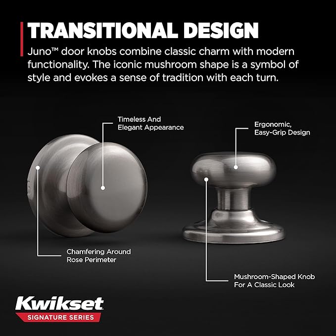 Kwikset Juno Interior Passage Door Knob, Handle for Closet and Hallway Doors, Non-Locking Doorknob in Satin Nickel, with Microban Protection (Pack of 2)