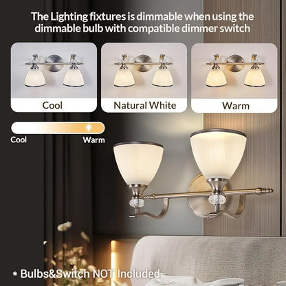 Brushed Nickel Vanity Light, 2-Light Bathroom Light Fixtures with Milky White Bell-Shape Glass Shades, Eye-Friendly Bathroom Wall Lamp for Mirror, Kitchen, Bedroom, Hallway