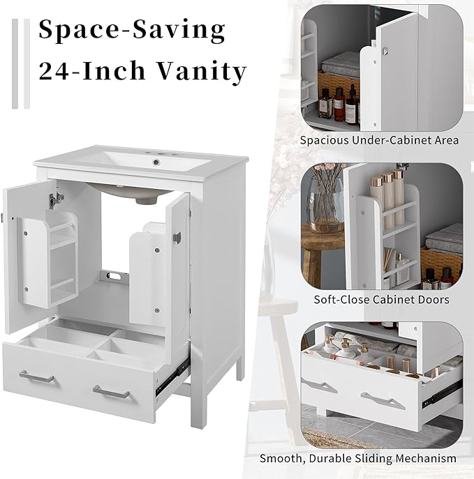 Favfurish 48" Bathroom Vanity with Ceramic Double Sink, Undermount Double Basin Vanity Set w/2 Divided Drawers and 4 Double-Layer Soft Close Doors & Built-in Shelf, Freestanding Storage Cabinet,White