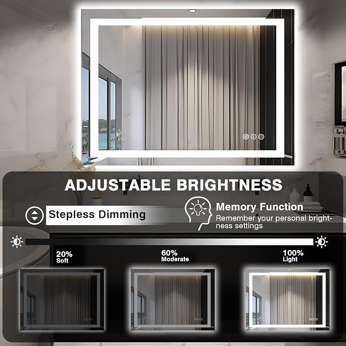 EchosLife 48"x40" LED Lighted Bathroom Mirror | Backlit + Front Lit, Anti-Fog, Stepless Dimmable, 3 Colors, Memory, Tempered Glass, UL Listed, Horizontal/Vertical