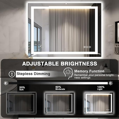 EchosLife 48"x40" LED Lighted Bathroom Mirror | Backlit + Front Lit, Anti-Fog, Stepless Dimmable, 3 Colors, Memory, Tempered Glass, UL Listed, Horizontal/Vertical