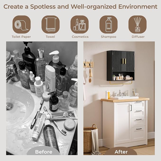 Bathroom Wall Cabinet, Medicine Cabinet with Fluted Door & Adjustable Shelf | Over The Toilet Storage Cabinet with Towel Bar, Space-Saving Cabinet Wall Mount for Laundry Room, Kitchen, Living Room