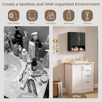 Bathroom Wall Cabinet, Medicine Cabinet with Fluted Door & Adjustable Shelf | Over The Toilet Storage Cabinet with Towel Bar, Space-Saving Cabinet Wall Mount for Laundry Room, Kitchen, Living Room
