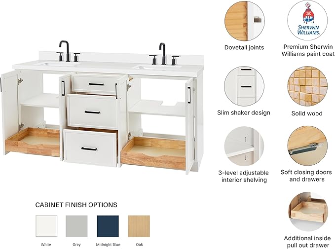 ARIEL Kelly 72-inch Bathroom Vanity with Sink,Solid Wood, 1.5-inch Pure White Quartz Countertop & Backsplash, Double Rectangular Porcelain Sink, 4 Soft Closing Doors, 5 Dovetail Drawers, White
