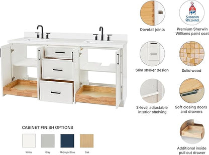 ARIEL Kelly 72-inch Bathroom Vanity with Sink,Solid Wood, 1.5-inch Pure White Quartz Countertop & Backsplash, Double Rectangular Porcelain Sink, 4 Soft Closing Doors, 5 Dovetail Drawers, White