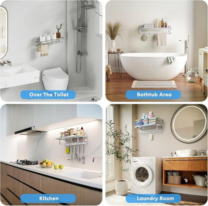 90°Foldable Towel Rack for Bathroom, 23 Inch Wall Mounted Towel Holder with Shelf & 5 Hooks, Rustproof Space Aluminum Towel Bar, Hotel, Kitchen, Laundry, Silver