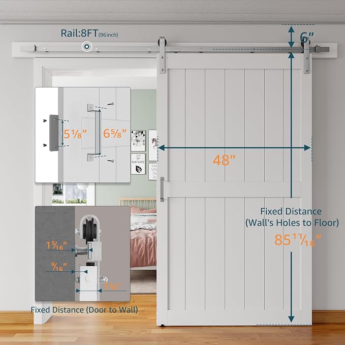 48''x84'' Sliding Barn Door with 8 Ft Brushed Nickel Hardware Kit | Pre-Drilled Holes Easy Assembly - Include Installation Manual, Water-Proof PVC Surface, H-Frame, White