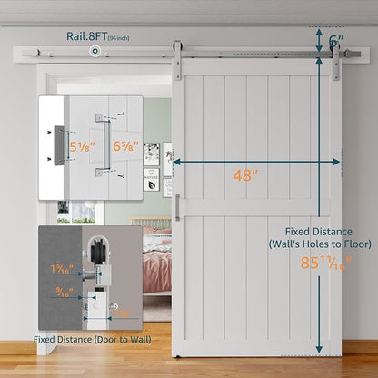 48''x84'' Sliding Barn Door with 8 Ft Brushed Nickel Hardware Kit | Pre-Drilled Holes Easy Assembly - Include Installation Manual, Water-Proof PVC Surface, H-Frame, White