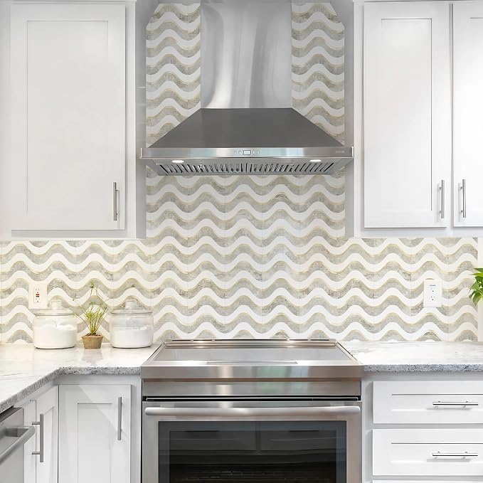 Vamos Tile Peel and Stick Backsplash Seamless Tile,Beige+White+Gold,10 pcs | Stick on Backsplash for Kitchen and Bathroom, PVC Mix Metal Gold Self Adhesive Wall Tiles,11.8''x10.15''
