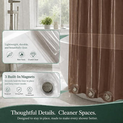 EHZNZIE Brown Shower Curtain Liner 72x72, PEVA Waterproof Bath Curtain, No Chemical Smell, 3 Weighted Magnets, Durable with Rustproof Metal Grommets