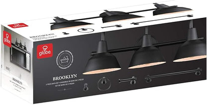 Globe Electric 51710 5-Piece Bathroom Accessory Set with 24-inch 3-Light Vanity Fixture, Matte Black Finish, Industrial Design, E26 Base, Towel Bar, Towel Ring, Robe Hook, Toilet Paper Holder