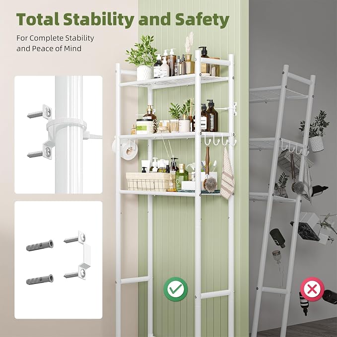 Simple Trending 3-Tier Over Toilet Storage Rack with Paper Holder & Hooks | Heavy Duty Metal Bathroom Organizer Shelf Over Toilet, Freestanding Space Saving Bathroom Cabinet for Laundry, White