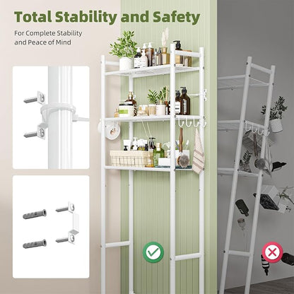 Simple Trending 3-Tier Over Toilet Storage Rack with Paper Holder & Hooks | Heavy Duty Metal Bathroom Organizer Shelf Over Toilet, Freestanding Space Saving Bathroom Cabinet for Laundry, White