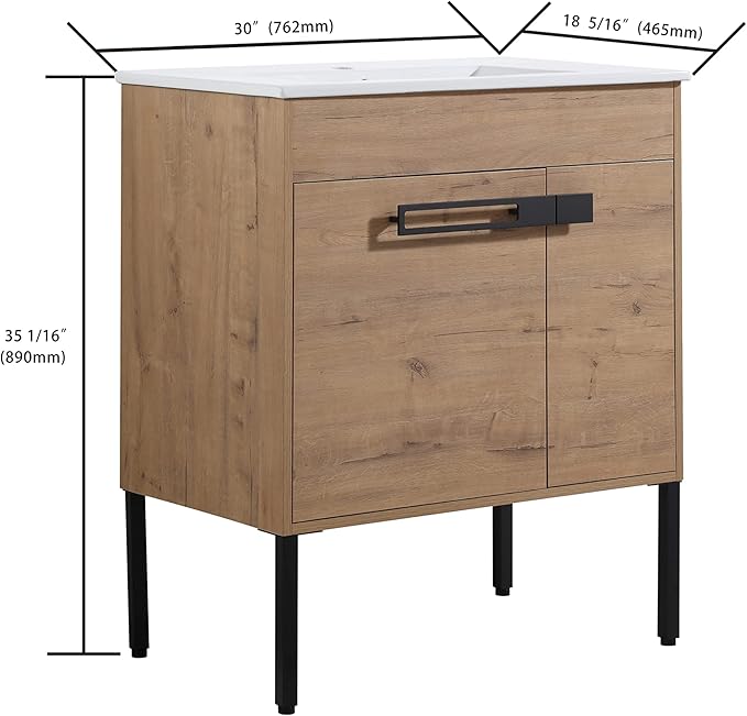 30'' Freestanding Bathroom Vanity, 30 Inch Floor Stand Bathroom Vanity with Sink, Single Ceramic Sink Cabinet Set, Modern Storage Cabinet, with Soft Closing Doors, Metal Handles, 00330IMO