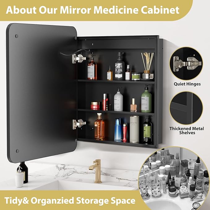 ROOMTEC Lighted Medicine Cabinet with Mirror 24"x30", Bathroom Mirror Cabinet with Lights and Storage, Single Doors Bathroom Wall Cabinet with LED Lights,Black