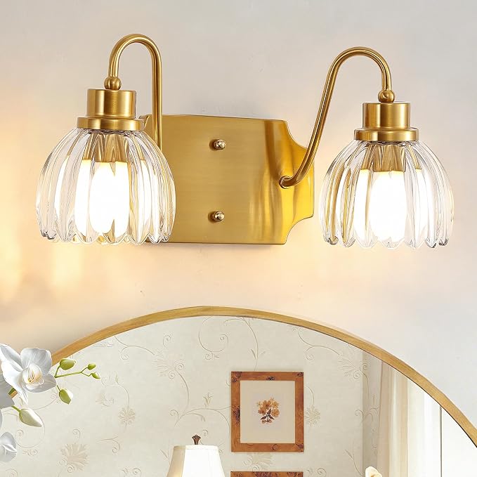 2-Light Bathroom Vanity Light, Gold Vanity Light, Antique Brass Sconces with Tulip Glass Shade, Mid Century Hardwired Wall Sconces for Bedroom, Living Room, Hallway