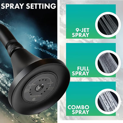 Niagara Conservation N3915MB Earth Luxe 3-Spray with 1.5 GPM 3.35-in. Wall Mount Adjustable Fixed Shower Head in Matte Black, 1-Pack | Bathroom Shower Head Sprayer with Pressure Compensation