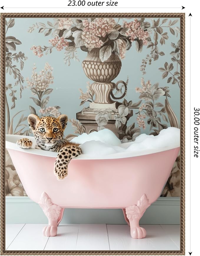 Amanti Art Framed Canvas Wall Art 30x23 Leopard Pink Bubble Bath by Niky Rahner, Framed Wall Art Canvas, Animals Artwork, Traditional Decor, Large Poster Painting for Living Room, Bedroom, Bathroom
