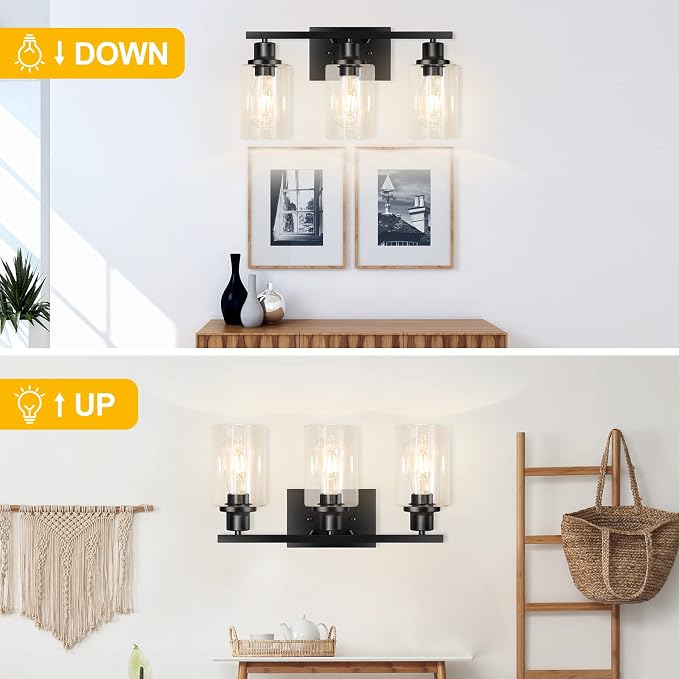 3-Light Vanity Light, Matte Black Bathroom Lighting Fixtures Over Mirror, Modern Metal Wall Lights for Hallway Kitchen Bedroom Living Room | Wall Sconce Light Fixture with Clear Glass Shade Matte Black Modern Metal Wall Lights for Hallway Kitchen Bedro...