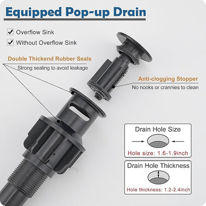 Black Waterfall Bathroom Faucet 1 Hole, Brass Bathroom Sink Faucets 4 Inch 3 Hole Single Handle with Pop-up Drain, Pre-Installed cUPC Water Hose, Deck Plate for Vanity, Farmhouse, Lavatory