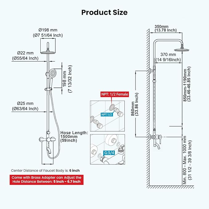 gotonovo Shower faucet Set Matte Black Triple Function with Adjustable Hand Sprayer and Tub Spout SUS 304 Stainless Steel 8 Inch Rainfall Shower Head Bathroom Shower Fixture Wall Mount Complete Set
