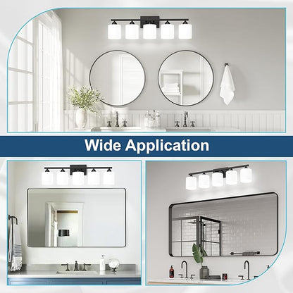 Black Bathroom Lighting Fixtures Over Mirror, 5-Light Anti-Rust Vanity Light for Bathroom, 28.34Inches Modern Wall Sconce, Standard E26 Base, Milky White Glass Shades, Bulbs Not Included