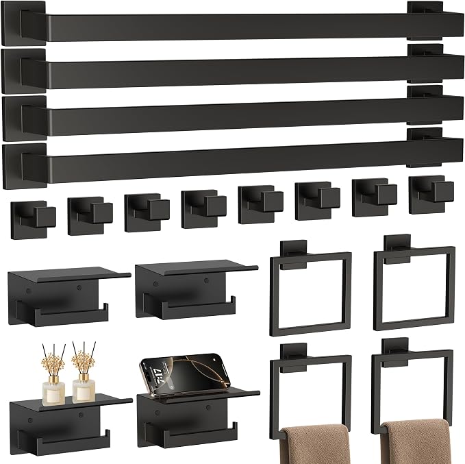20-Piece 23.6 Inch Matte Black Bathroom Hardware Accessories Set | Stainless Steel Bath Extended Towel Bar, Toilet Paper Holder with Shelf, Towel Hooks, Square Towel Ring Wall Mounted