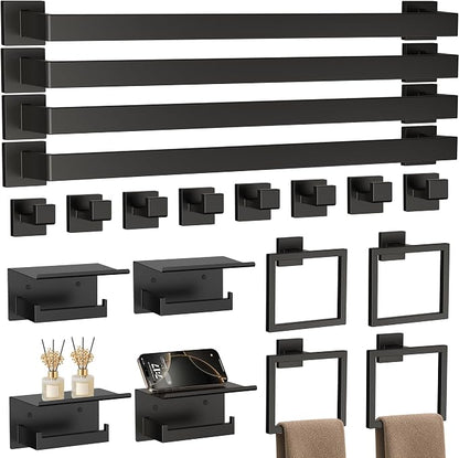 20-Piece 23.6 Inch Matte Black Bathroom Hardware Accessories Set | Stainless Steel Bath Extended Towel Bar, Toilet Paper Holder with Shelf, Towel Hooks, Square Towel Ring Wall Mounted
