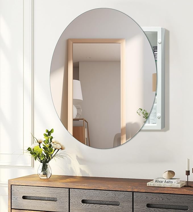 30 Inches Round Bathroom Medicine Cabinet, Frameless Circle Mirror Cabinet Wall Mounted Cabinet with Surface Mount Installation