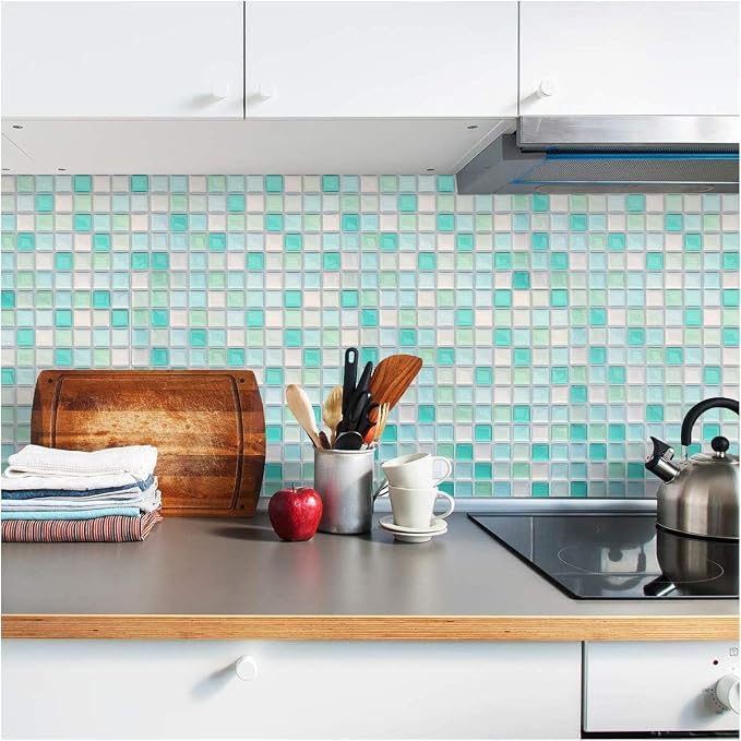 3D Mosaic Tile Sticker Removable Wallpaper Tile Red, 3D Self Adhesive Wall Tiles Bathroom Wall Tiles for Kitchen Backsplash Blue,PVC Square Decorative Vinyl Decals,4 Sheets