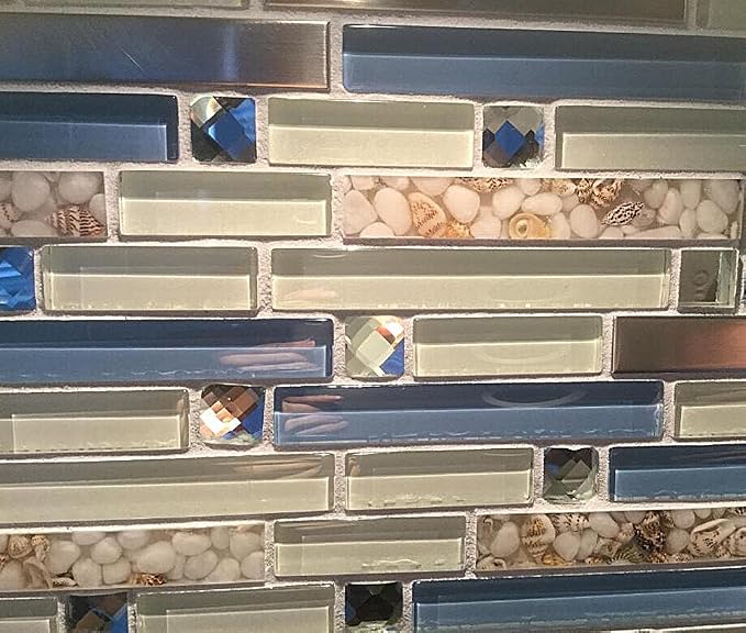 Beach Style Tile Real Seashell Inside Blue Cream White Brushed Steel Art Mosaic Kitchen Backsplash Bath Decor (Pack of 5 Sheets)