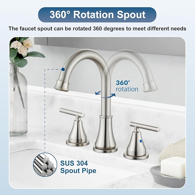 Widespread Bathroom Faucet 3 Hole, 8 inch Bathroom Sink Faucet with Pop-up Drain and Supply Lines, Two Handles, Stainless Steel, Brushed Nickel