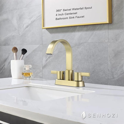 Bathroom Sink Faucet 3 Hole Brushed Gold, 2 Handle 4 Inch Centerset Stainless Steel Bathroom Faucet with Pop up Drain and 2 Supply Lines, SE-0048-BG