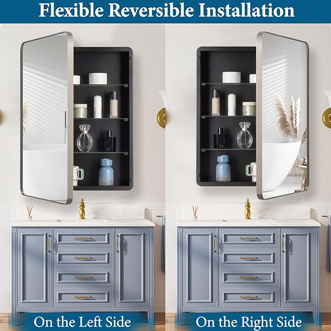 20’’x26’’ Medicine Cabinet,Metal Framed Medicine Cabinet Mirror with Round Corner,Recessed and Surface Mount Bathroom Mirror with Storage, Removeable Shelves,Sliver