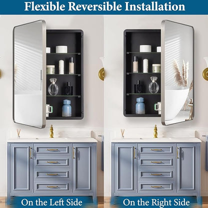 20’’x26’’ Medicine Cabinet,Metal Framed Medicine Cabinet Mirror with Round Corner,Recessed and Surface Mount Bathroom Mirror with Storage, Removeable Shelves,Sliver