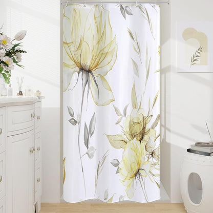 Yellow Boho Floral Shower Curtain, Watercolor Botanical Design, 36 x 72 | Boho Floral Design, Watercolor Ink Painting Style, Botanical Flowers & Leaves, Elegant Bathroom Accent, Fabric Cloth Curtain