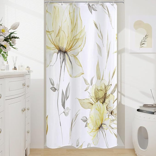 Yellow Boho Floral Shower Curtain, Watercolor Botanical Design, 36 x 72 | Boho Floral Design, Watercolor Ink Painting Style, Botanical Flowers & Leaves, Elegant Bathroom Accent, Fabric Cloth Curtain