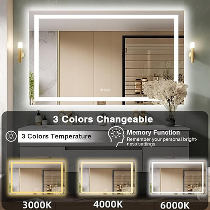 EchosLife 57"x36" Light Mirror for Bathroom | Backlit + Front Lit, Anti-Fog, Stepless Dimmable, 3 Colors, Memory, Tempered Glass, UL Listed, Horizontal/Vertical